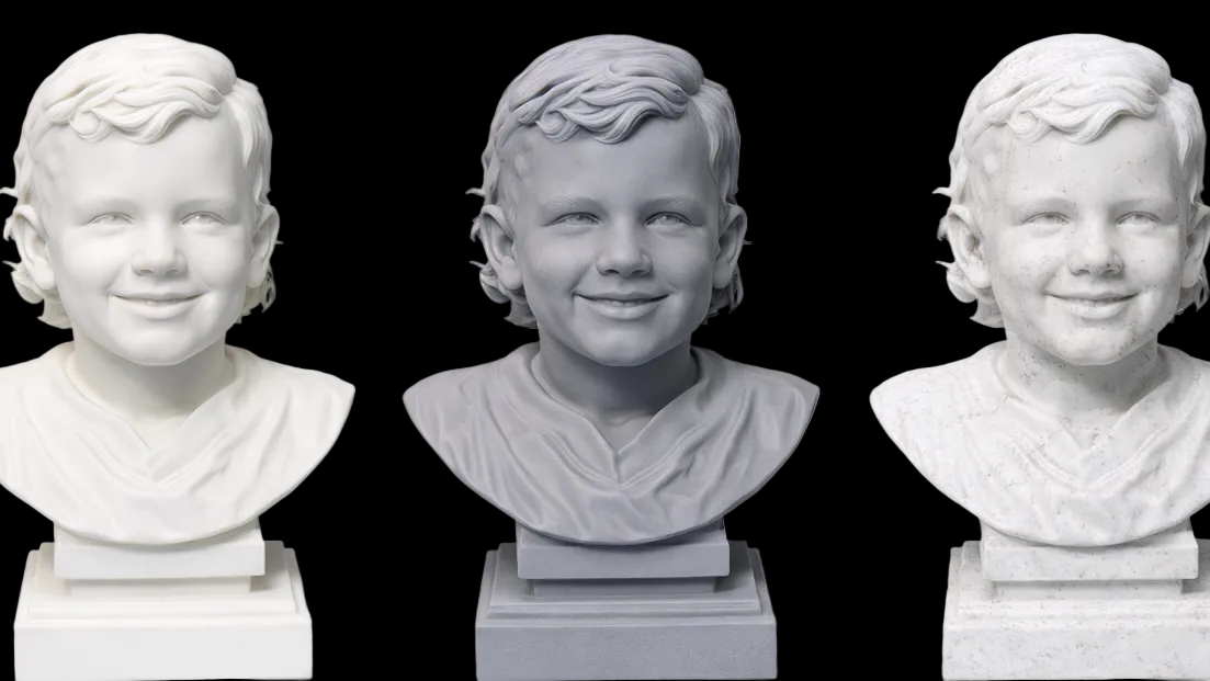 Three printed busts of a young boy on white background